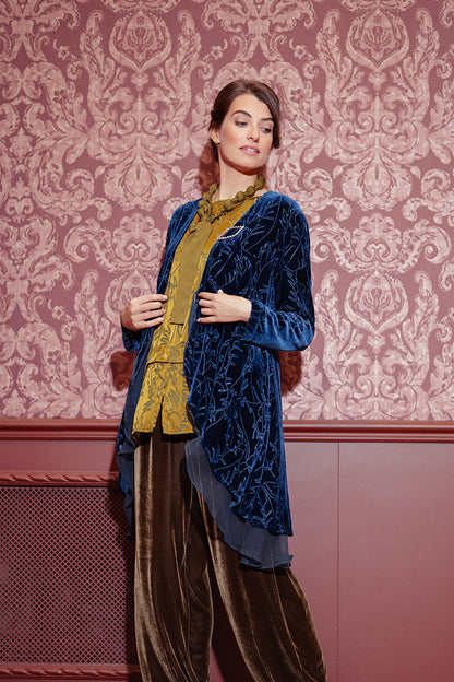 Flowy Silk Hem Azure Devoré Feather Silk Velvet Jacket