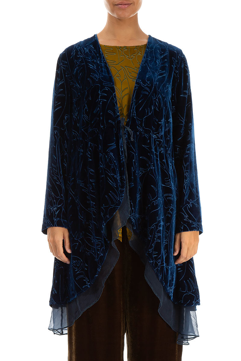 Flowy Silk Hem Azure Devoré Feather Silk Velvet Jacket