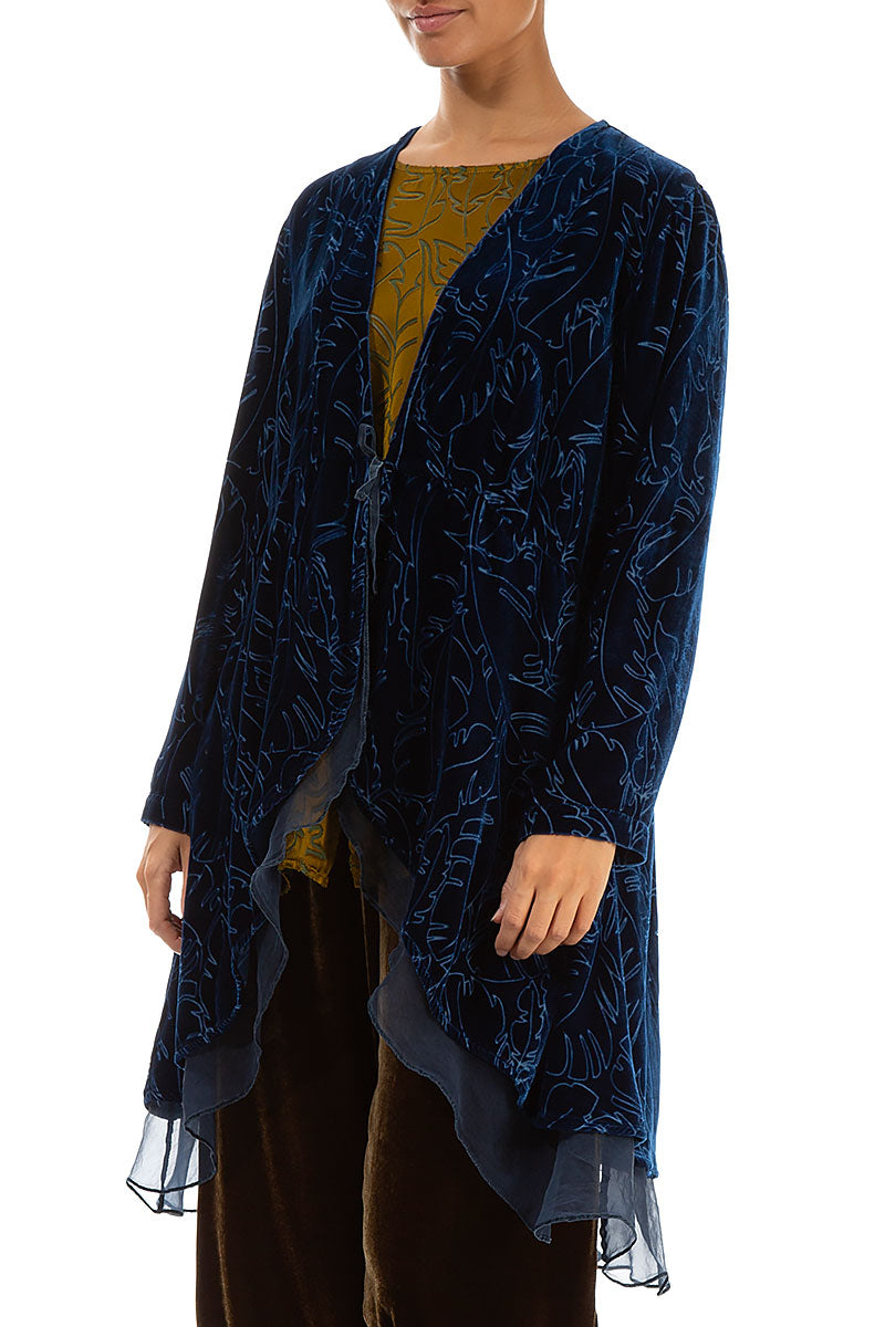 Flowy Silk Hem Azure Devoré Feather Silk Velvet Jacket