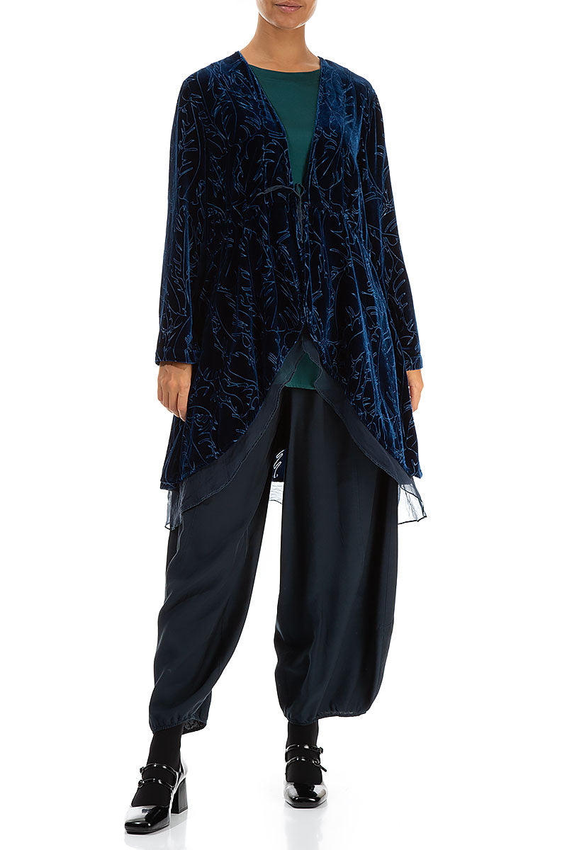 Flowy Silk Hem Azure Devoré Feather Silk Velvet Jacket