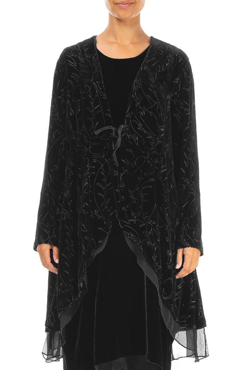 Flowy Silk Hem Black Devoré Feather Silk Velvet Jacket