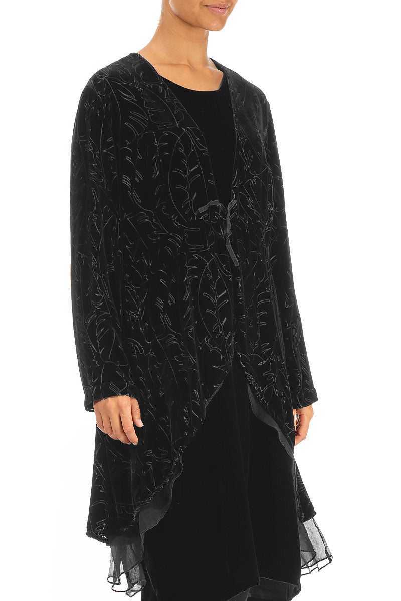 Flowy Silk Hem Black Devoré Feather Silk Velvet Jacket