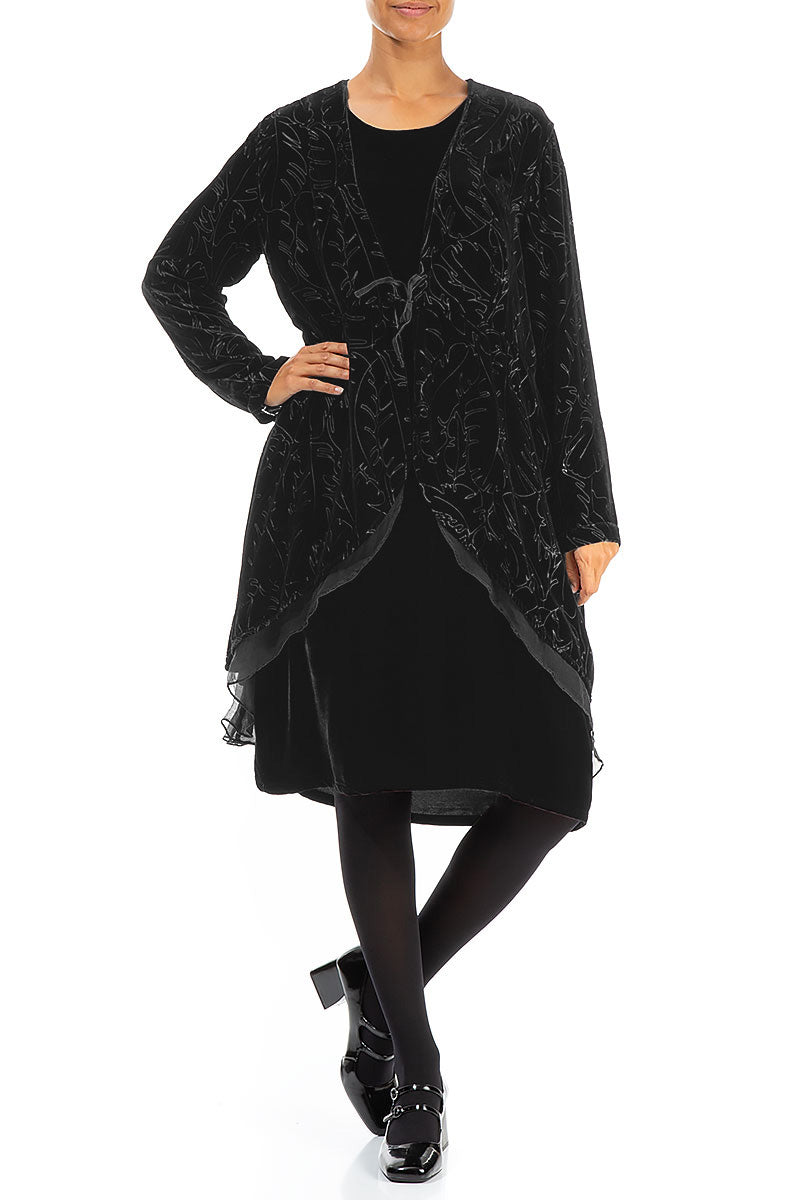 Flowy Silk Hem Black Devoré Feather Silk Velvet Jacket