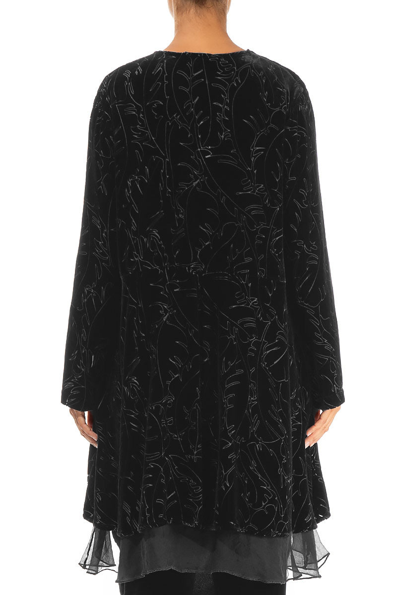 Flowy Silk Hem Black Devoré Feather Silk Velvet Jacket