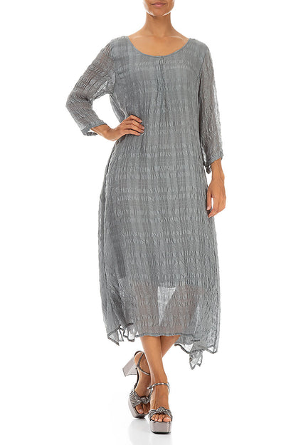 Flowy Tie Up Grey Textured Silk Dress 3