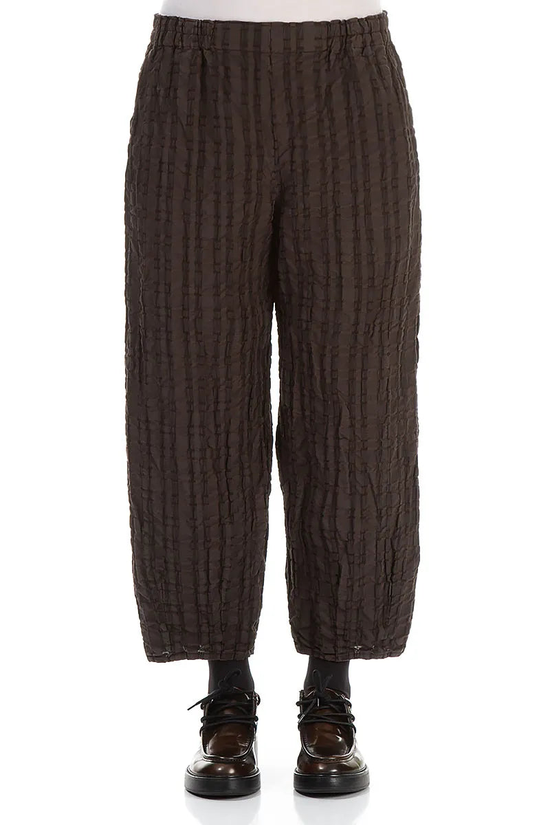 Forest Brown Checkered Linen Cotton Trousers 1