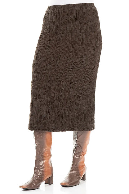 Forest Brown Textured Silk Linen Pencil Skirt 3