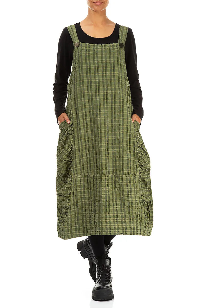 Forest Mist Checkered Linen Cotton Pinafore Dress 3