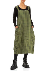 Forest Mist Checkered Linen Cotton Pinafore Dress 4