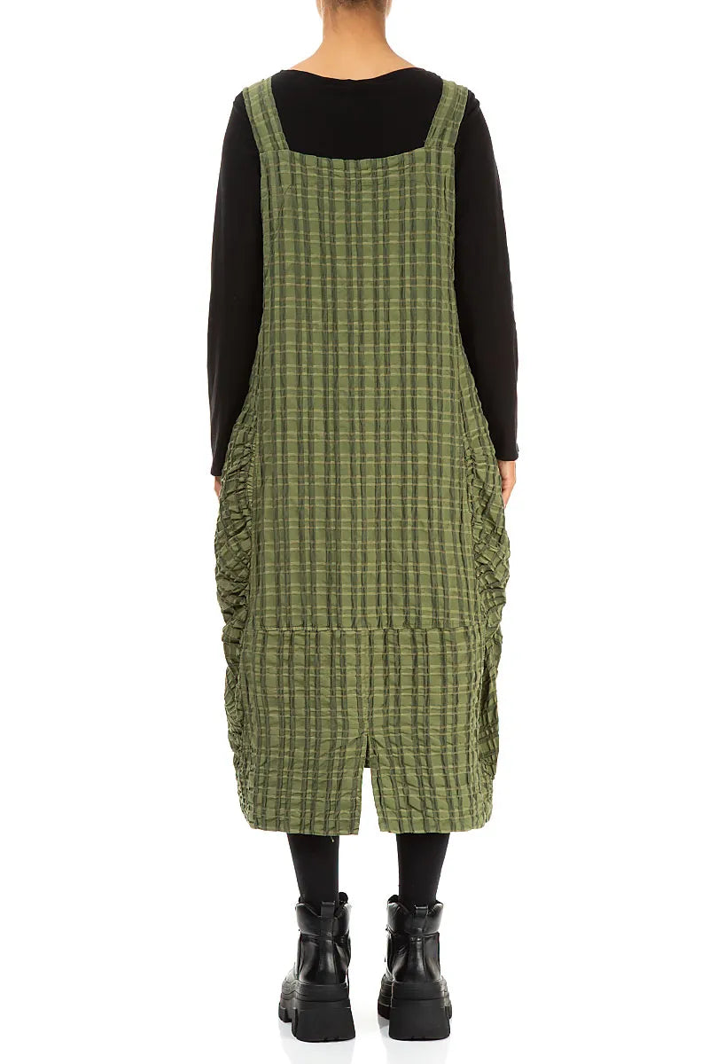 Forest Mist Checkered Linen Cotton Pinafore Dress 2