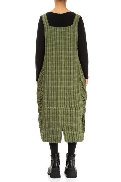 Forest Mist Checkered Linen Cotton Pinafore Dress 2