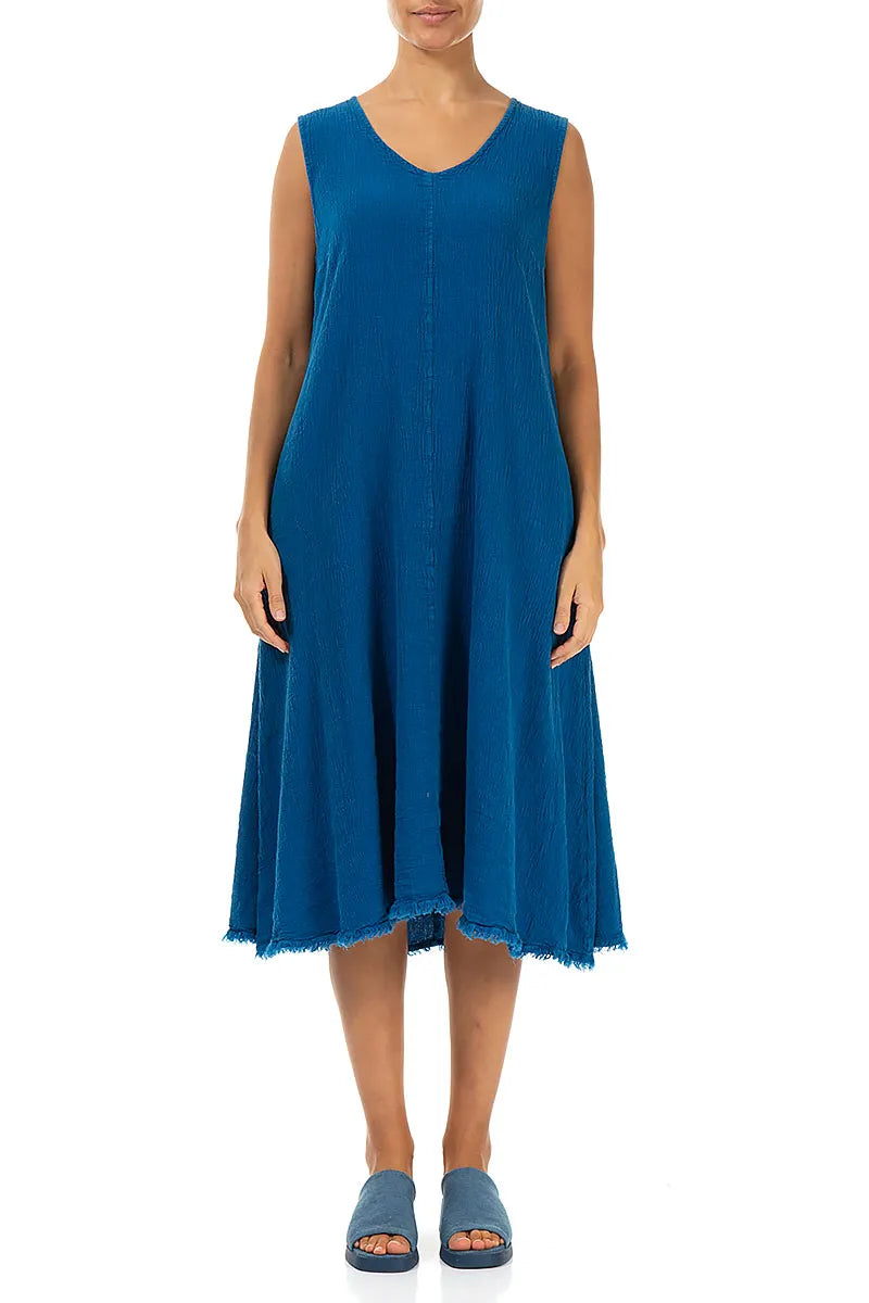 Frayed Hem Cobalt Blue Linen Viscose Dress 1