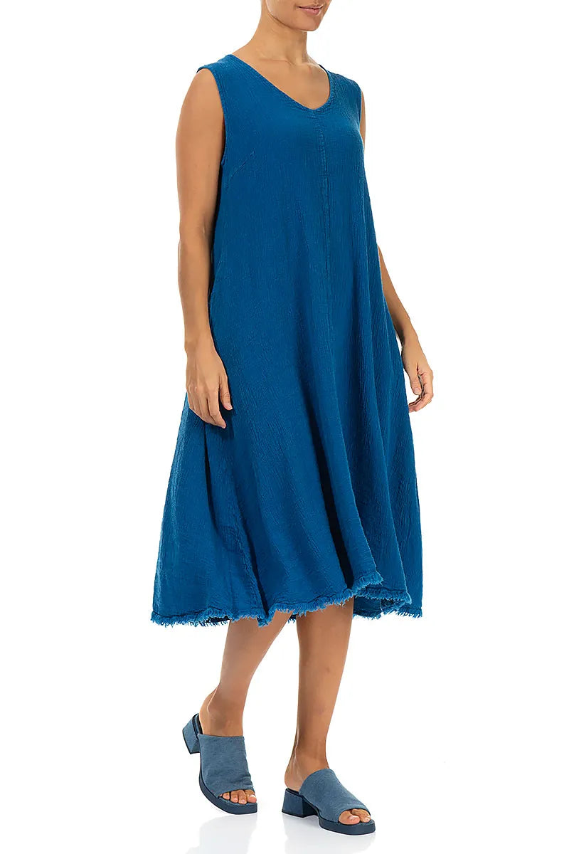 Frayed Hem Cobalt Blue Linen Viscose Dress 4