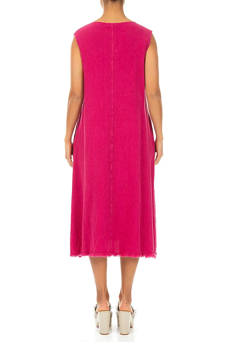 Frayed Hem Fuchsia Linen Viscose Dress