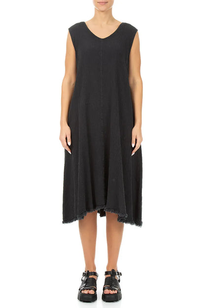 Frayed Hem Graphite Linen Viscose Dress