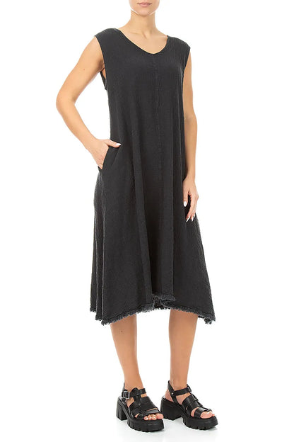 Frayed Hem Graphite Linen Viscose Dress