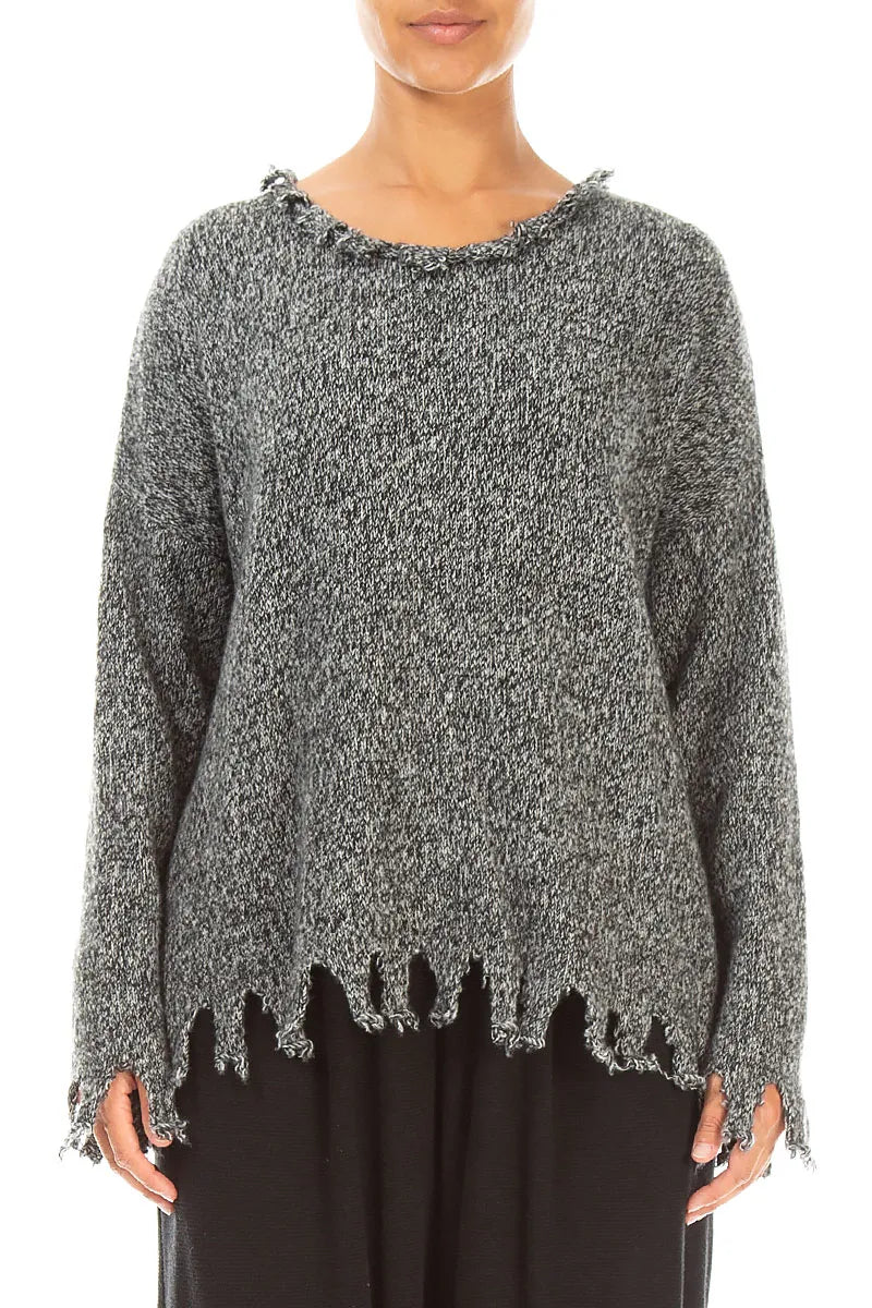 Frayed Hem Grey Mélange Cashmere Sweater 1