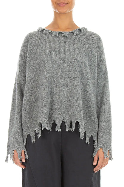 Frayed Hem Light Grey Mélange Cashmere Sweater 1