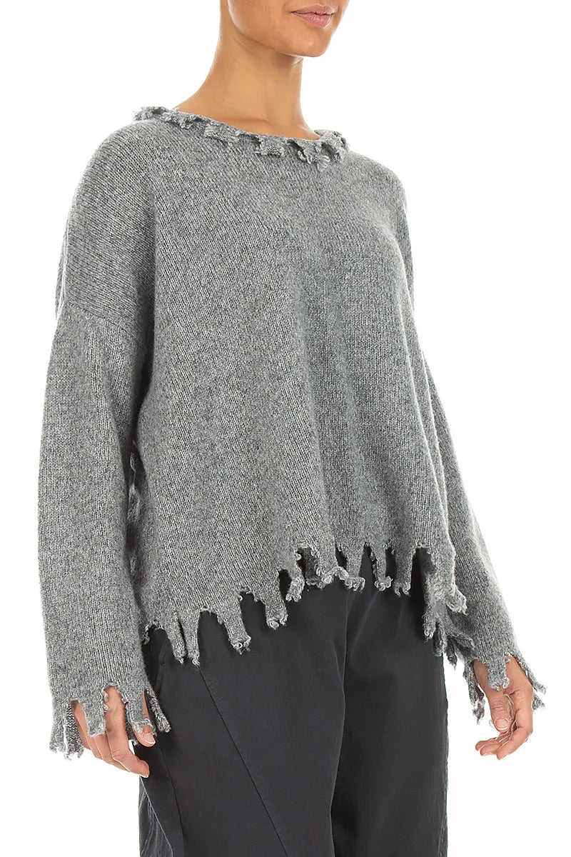 Frayed Hem Light Grey Mélange Cashmere Sweater 3