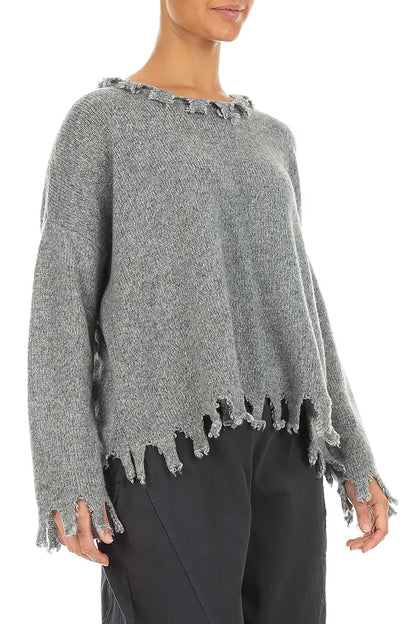 Frayed Hem Light Grey Mélange Cashmere Sweater 3