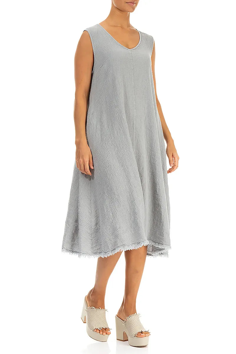 Frayed Hem Silver Grey Linen Viscose Dress 3