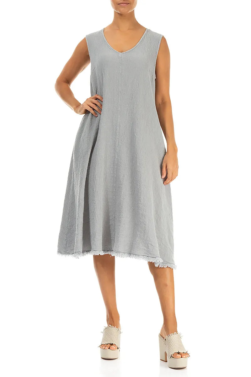 Frayed Hem Silver Grey Linen Viscose Dress 4
