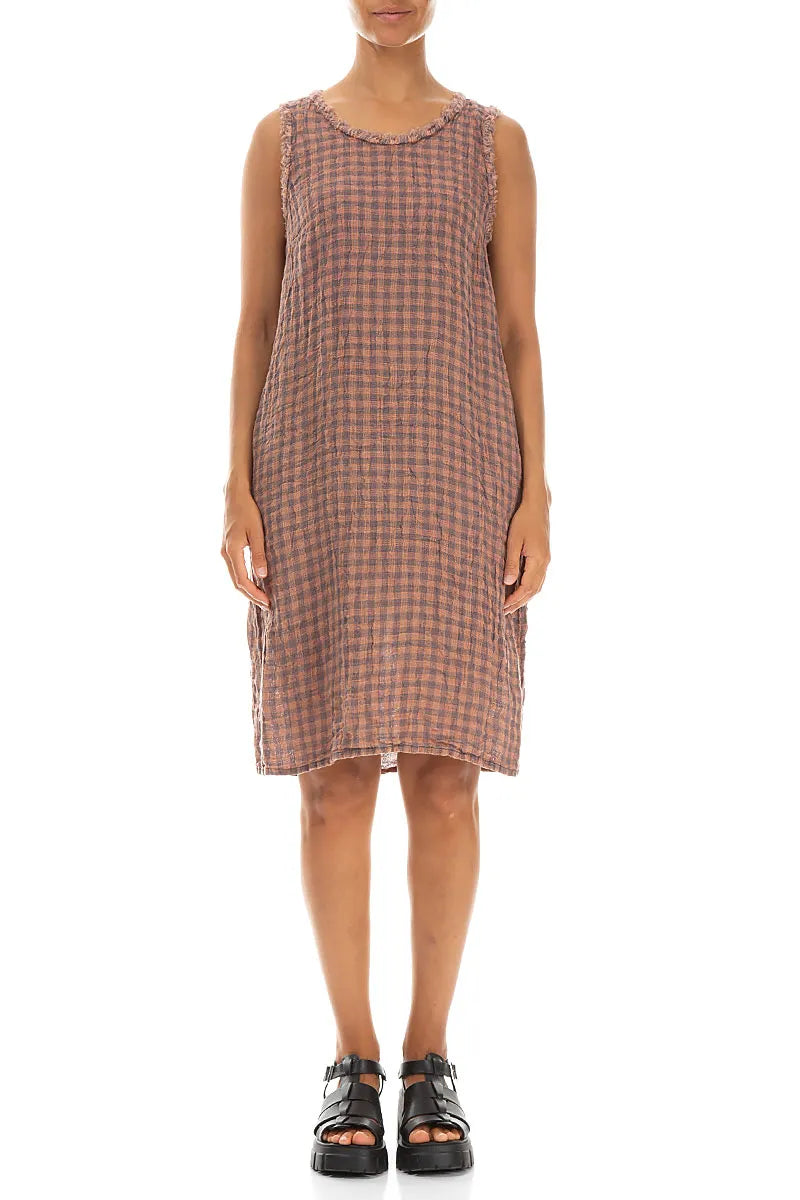 Frayed Neckline Sleeveless Blush Watercolour Check Linen Dress
