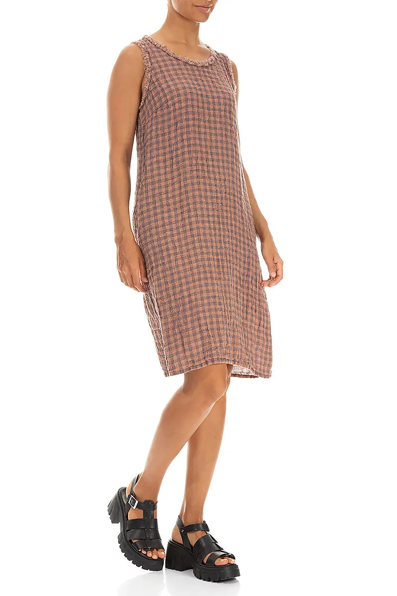 Frayed Neckline Sleeveless Blush Watercolour Check Linen Dress