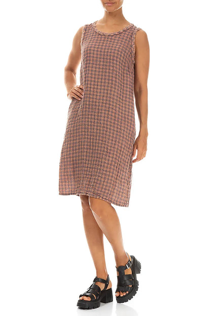 Frayed Neckline Sleeveless Blush Watercolour Check Linen Dress