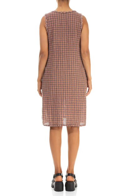 Frayed Neckline Sleeveless Blush Watercolour Check Linen Dress