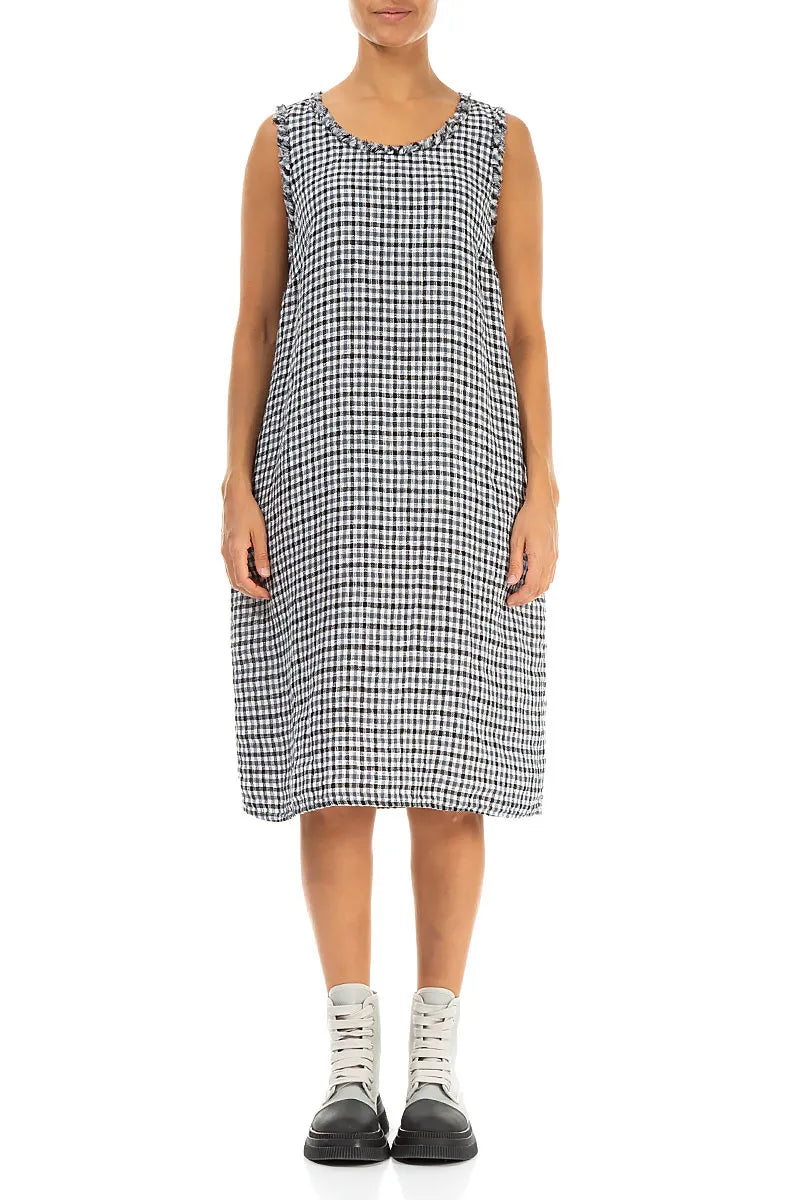 Frayed Neckline Sleeveless Heritage Check Linen Dress 1