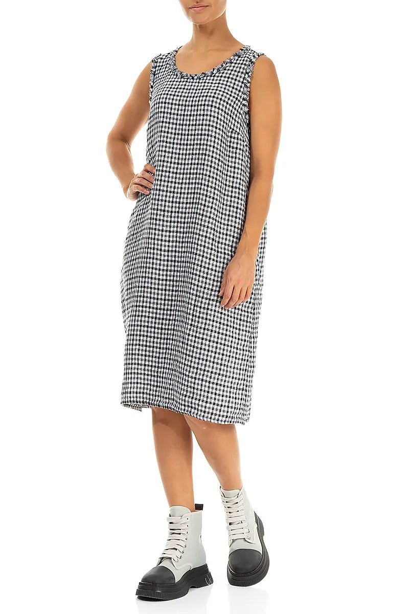 Frayed Neckline Sleeveless Heritage Check Linen Dress 4