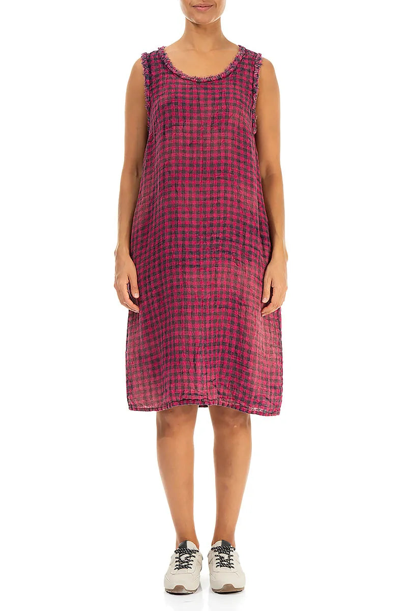 Frayed Neckline Sleeveless Magenta Watercolour Check Linen Dress 1