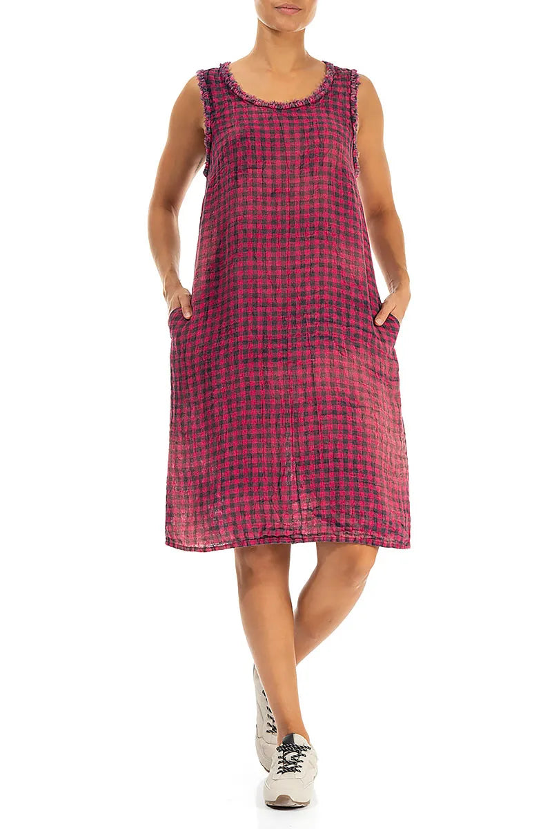 Frayed Neckline Sleeveless Magenta Watercolour Check Linen Dress 4