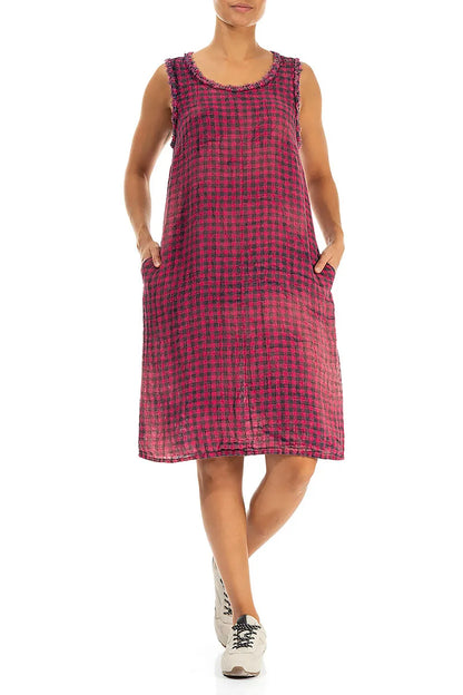 Frayed Neckline Sleeveless Magenta Watercolour Check Linen Dress 4