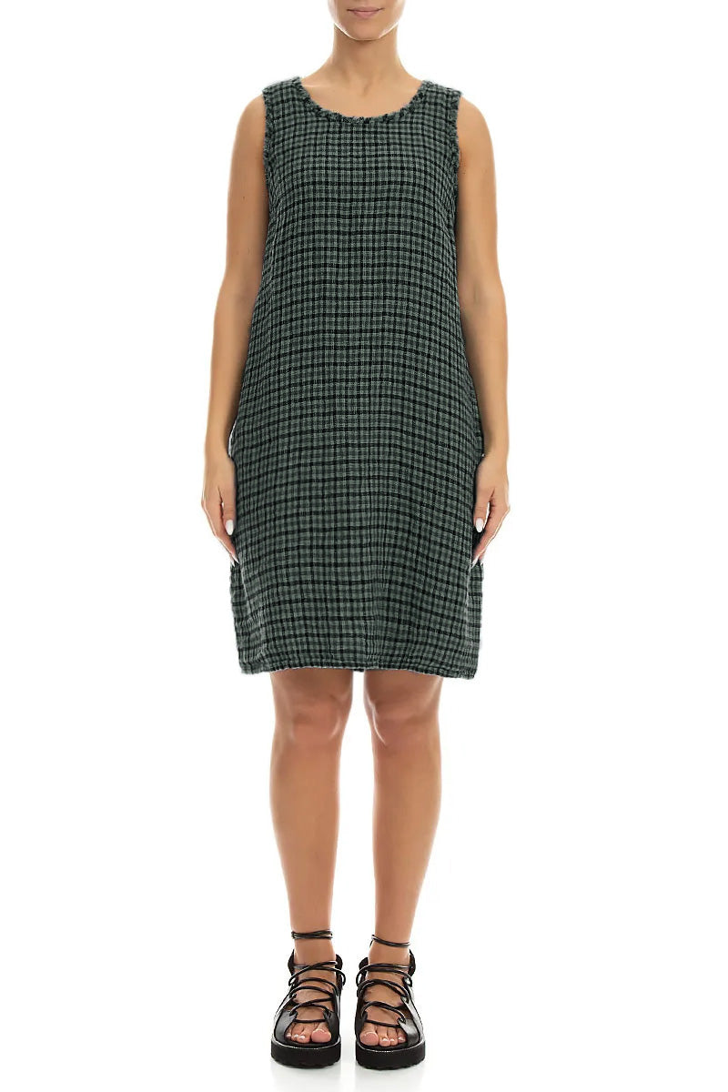 Frayed Neckline Sleeveless Sage Heritage Check Linen Dress 1