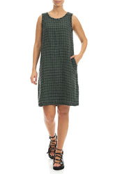 Frayed Neckline Sleeveless Sage Heritage Check Linen Dress 4