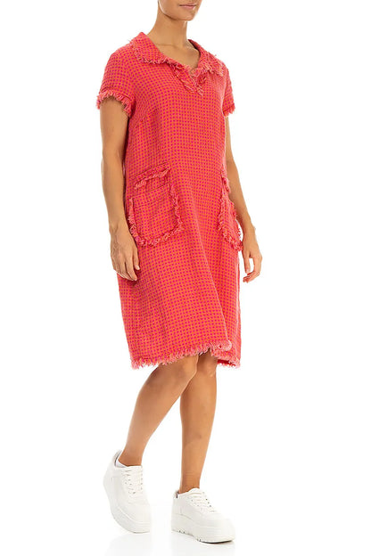 Frayed Pink Orange Check Linen Dress 4
