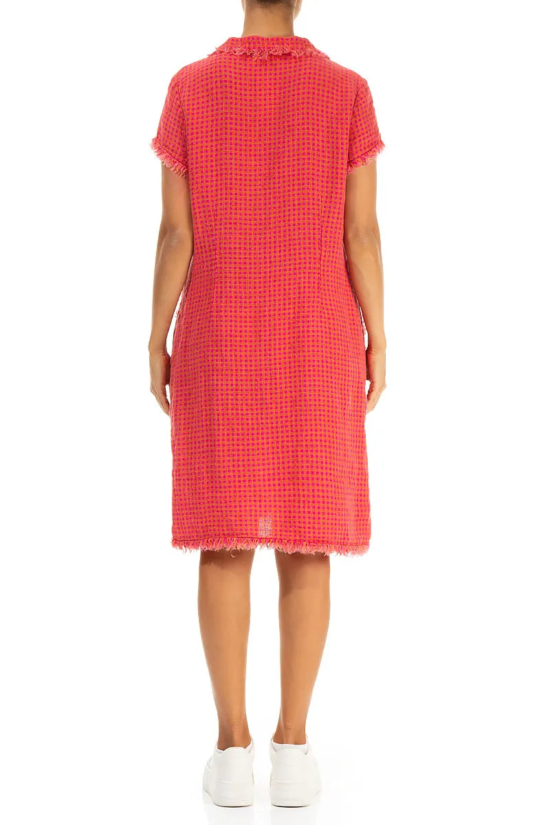 Frayed Pink Orange Check Linen Dress 3