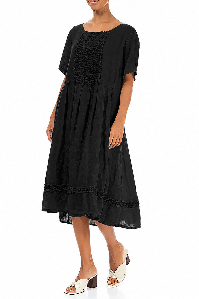 Frill Black Gauze Linen Dress 3