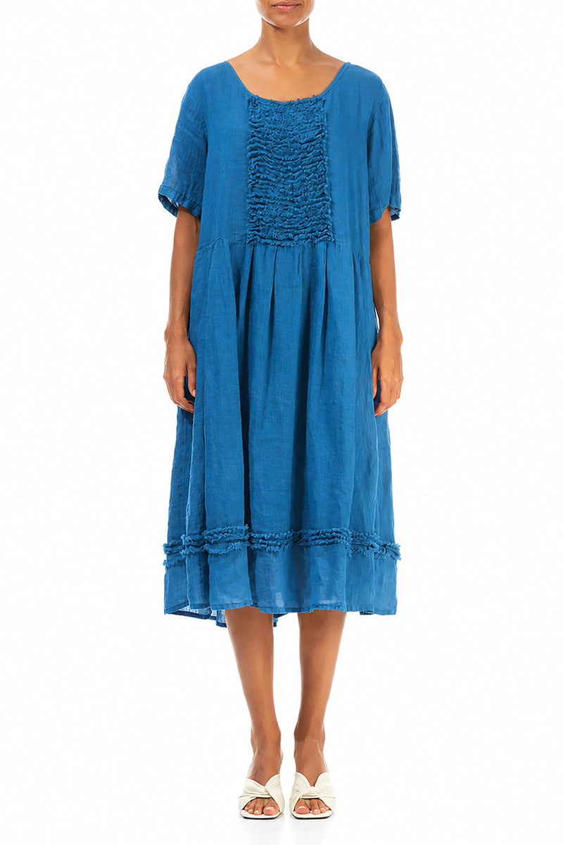 Frill Cobalt Blue Gauze Linen Dress 1