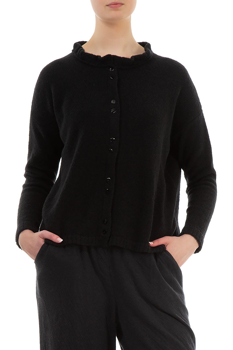 Frill Collar Black Wool Cardigan