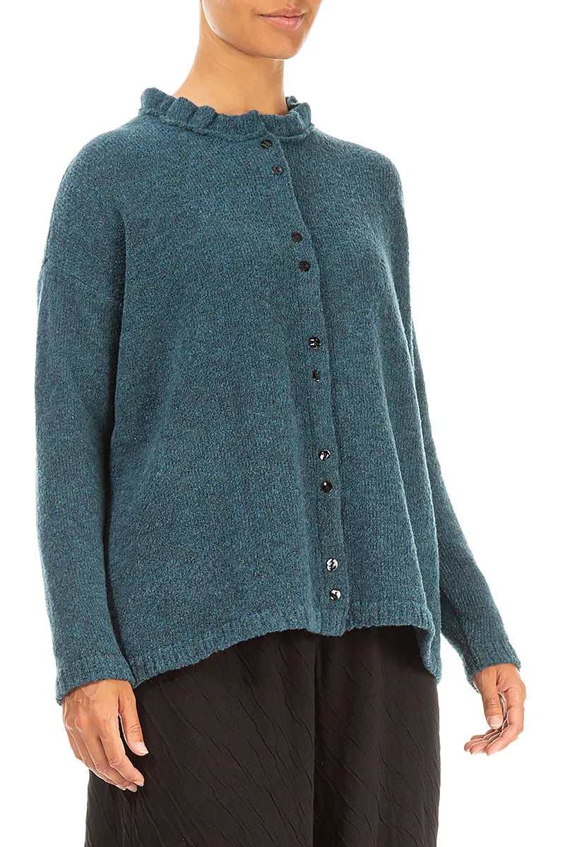 Frill Collar Teal Wool Cardigan 3