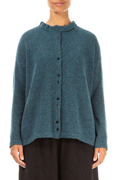 Frill Collar Teal Wool Cardigan 1
