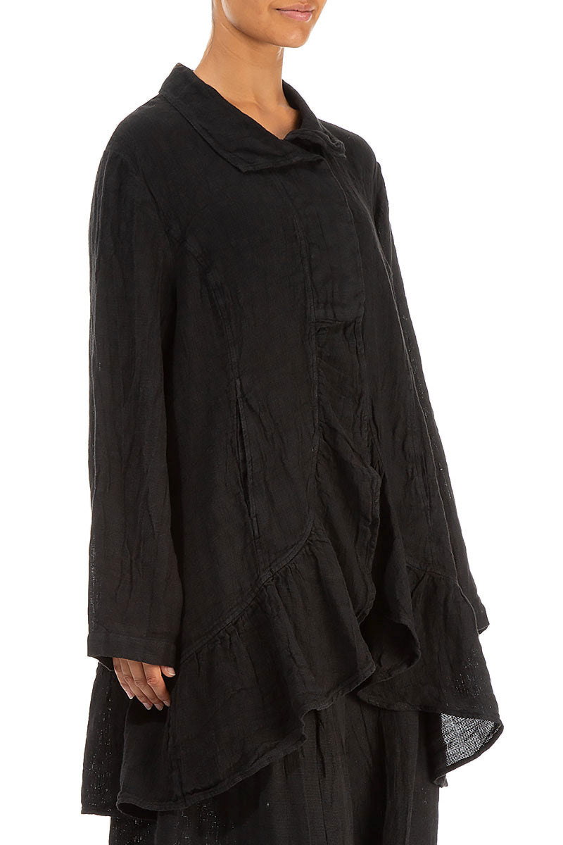 Frilled Edge Black Mélange Linen Jacket