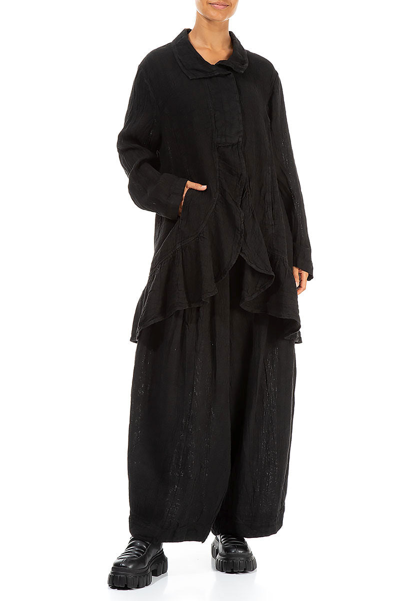 Frilled Edge Black Mélange Linen Jacket