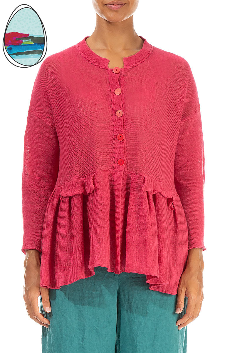 Frilled Hem Raspberry Linen Cardigan