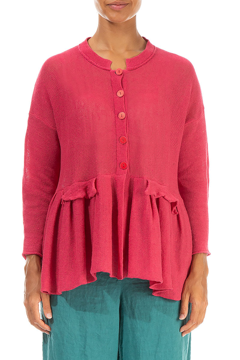 Frilled Hem Raspberry Linen Cardigan 1