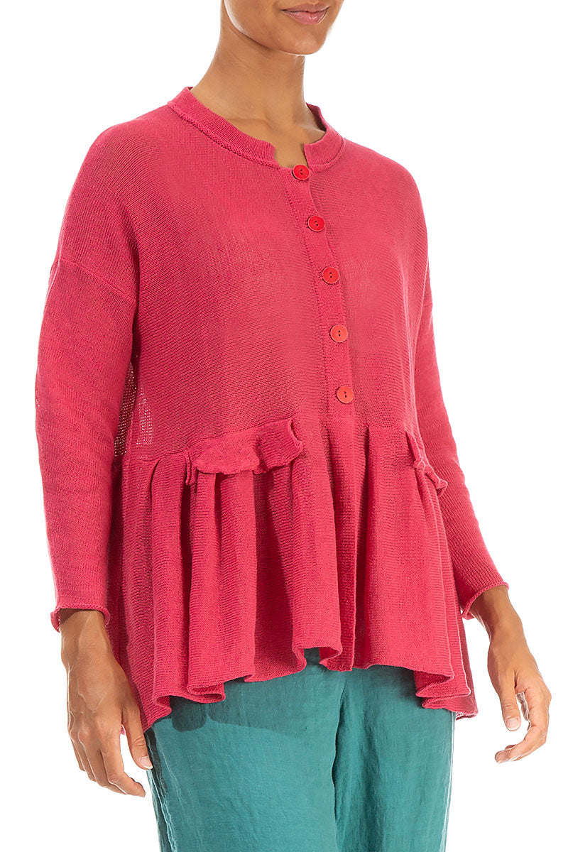 Frilled Hem Raspberry Linen Cardigan 3