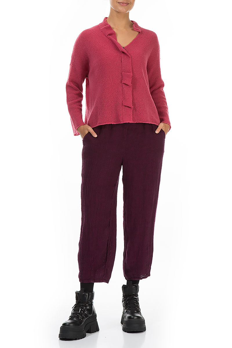 Frilled Neck Berry Rose Wool Cardigan 4